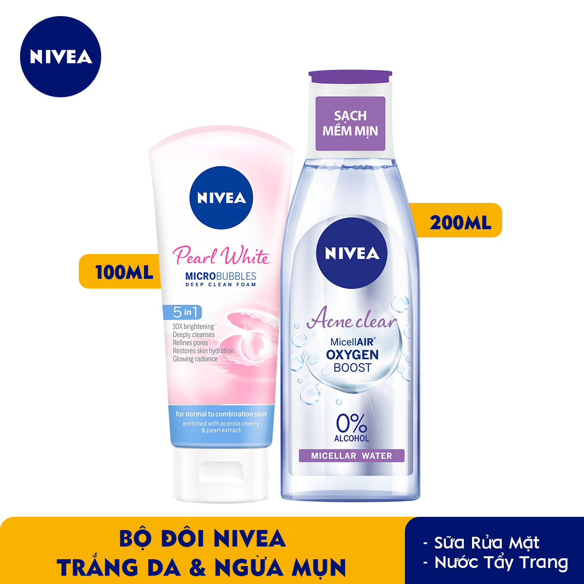 Combo Sữa rửa mặt NIVEA Pearl White giúp trắng da (100g) - 81295 &amp; Nước tẩy trang NIVEA ngừa mụn Acne Care Micellar Water (200ml) - 89271