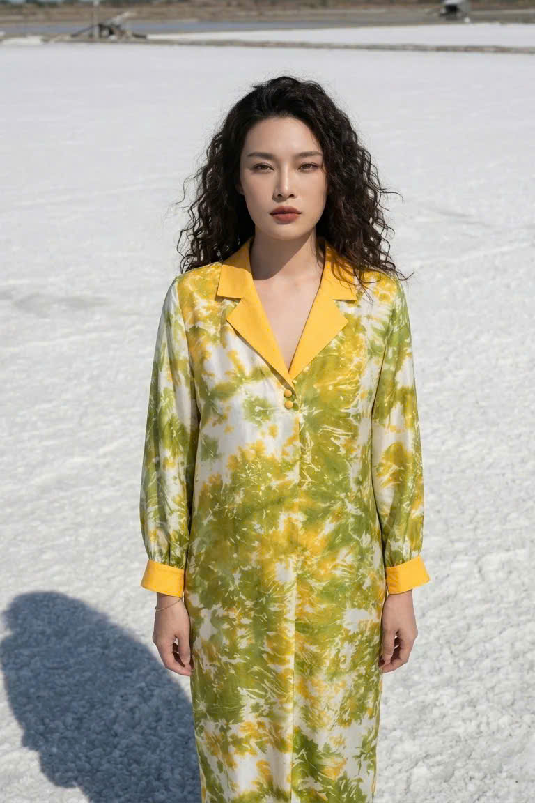 Đầm Midi Suông Cổ Ve Lụa Tơ Tằm Loang Màu Vân Kim Dre242 Thời trang thiết kế Hity