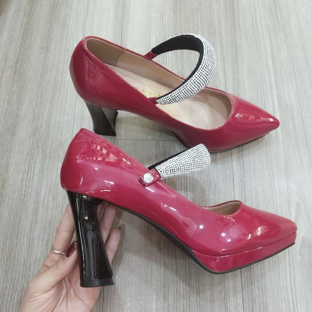 Giày cao gót nữ quai đính hạt, da bóng cao cấp ROSATA RO464 - 8p - Đen, Đỏ - HÀNG VIỆT NAM - BKSTORE
