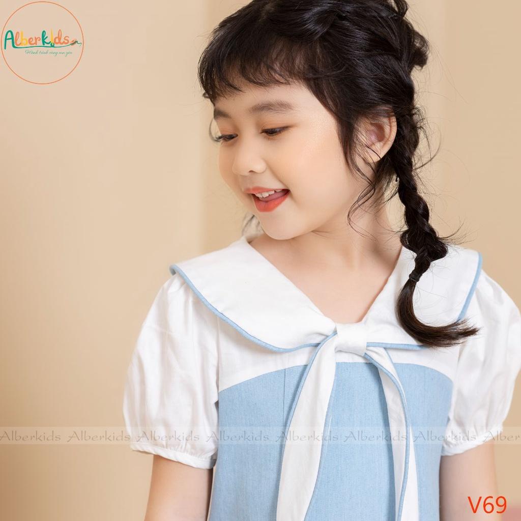 Váy bé gái ALBERKIDS trắng phối xanh denim cho trẻ em 2,3,4,5,6,7,8,9,10,11,12 tuổi