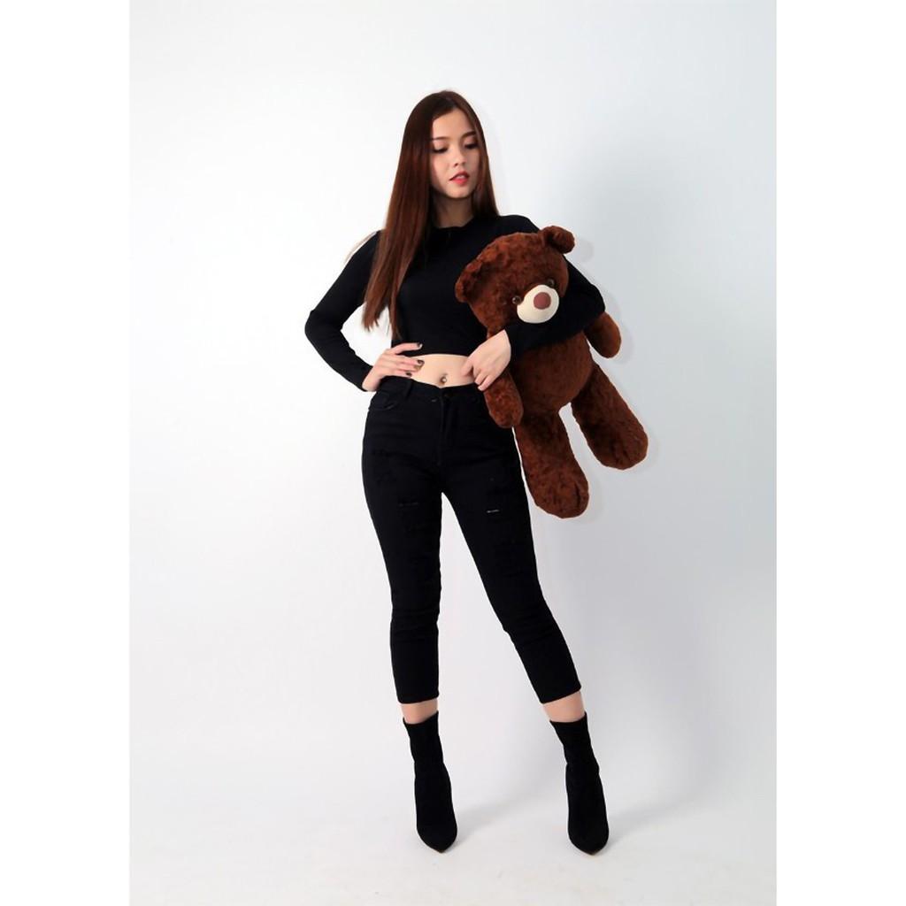 Quần Jeans 9 tấc nữ màu đen rách