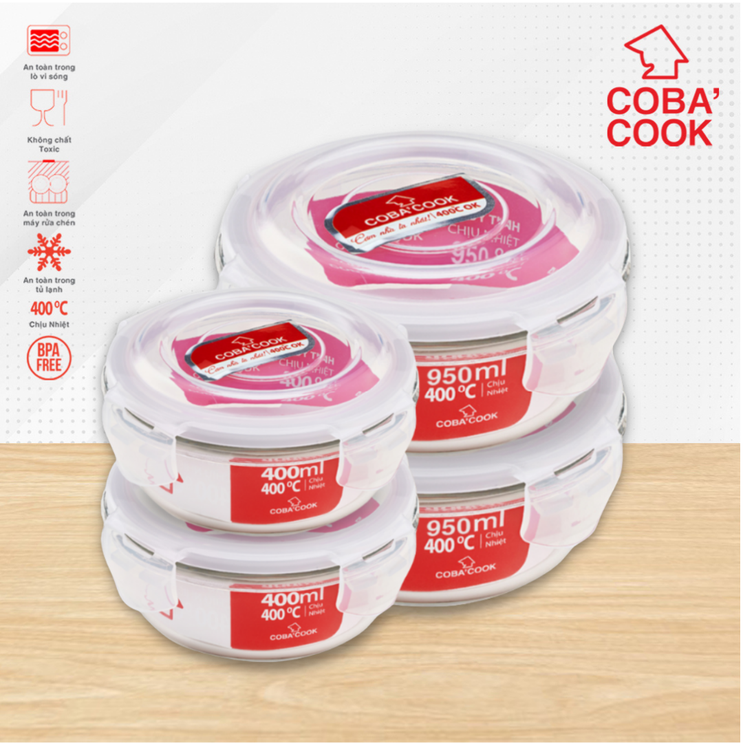 Bộ 4 hộp thủy tinh hình tròn trữ thực phẩm chịu nhiệt 2 hộp 950ml 2 hộp 400ml COBA'COOK
