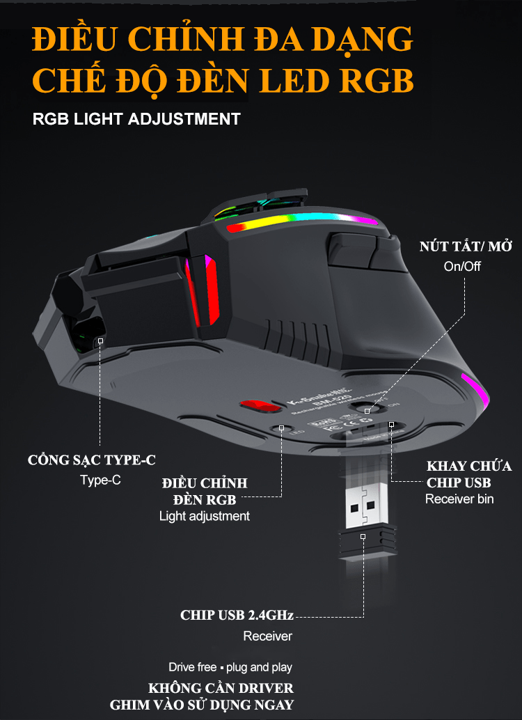 Chuột không dây K-snake BM-520 kết nối bằng chip USB 2.4GHz có đèn led RGB nhiều chế độ màu và độ DPI lên đến 3200DPI - HT