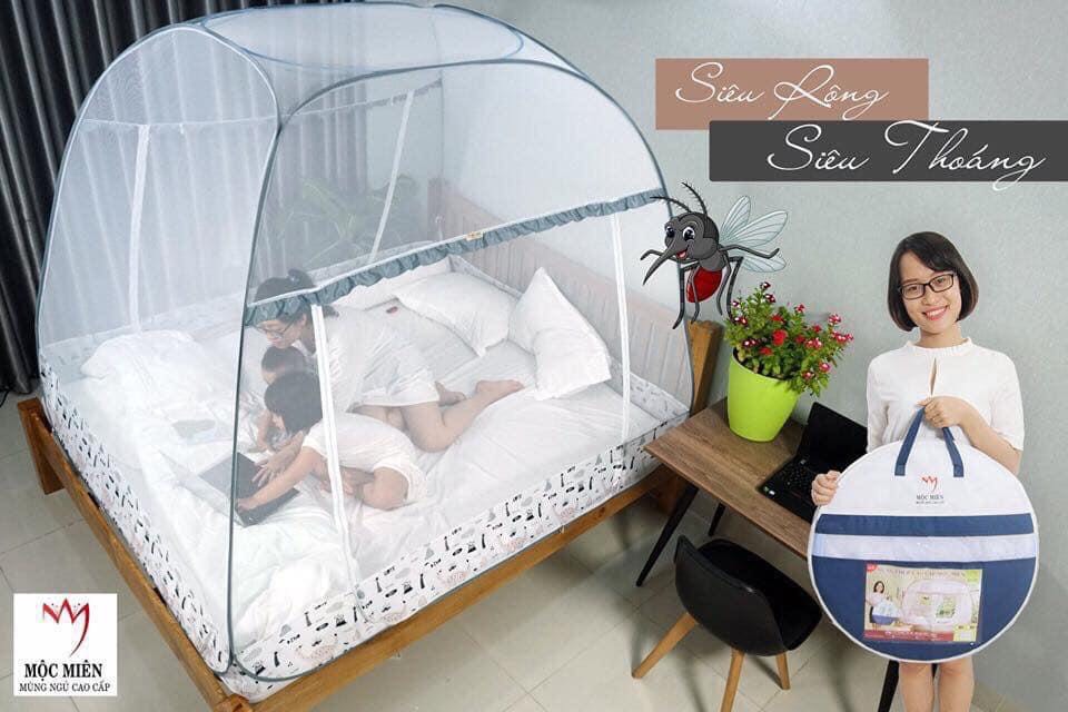 Màn chụp cao cấp Mộc Miên đỉnh rộng Mẫu Xám Khủng Long - Kích thước 1,6mx2m - 2 cửa