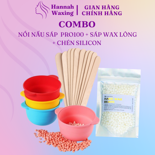 Combo Chén Silicon Nấu Sáp + Sáp Wax Lông Hannah Waxing hương dừa cao cấp tặng kèm que gỗ phết sáp