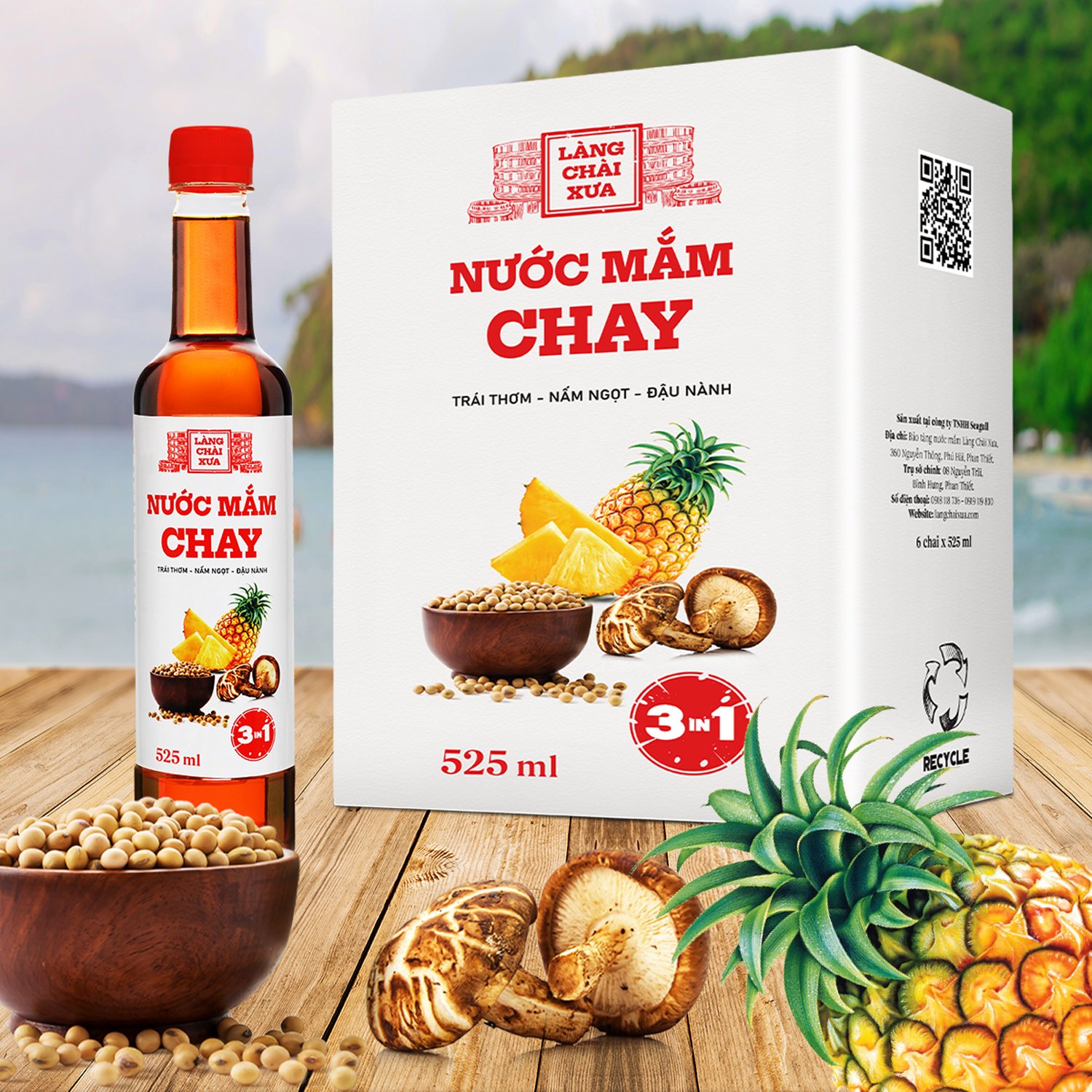 Đặc Sản Phan Thiết - Nước Mắm Chay 3 Trong 1 Làng Chài Xưa (01 Chai) 525Ml Trái Thơm Nấm Ngọt Đậu Nành 300 Năm Truyền Thống