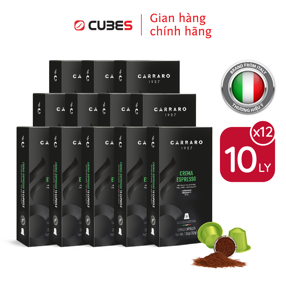 [Bao bì mới] Combo 12 Hộp cà phê viên nén Carraro Crema Espresso (52gr/ Hộp)- Nhập khẩu chính hãng 100% từ thương hiệu Carraro, Ý