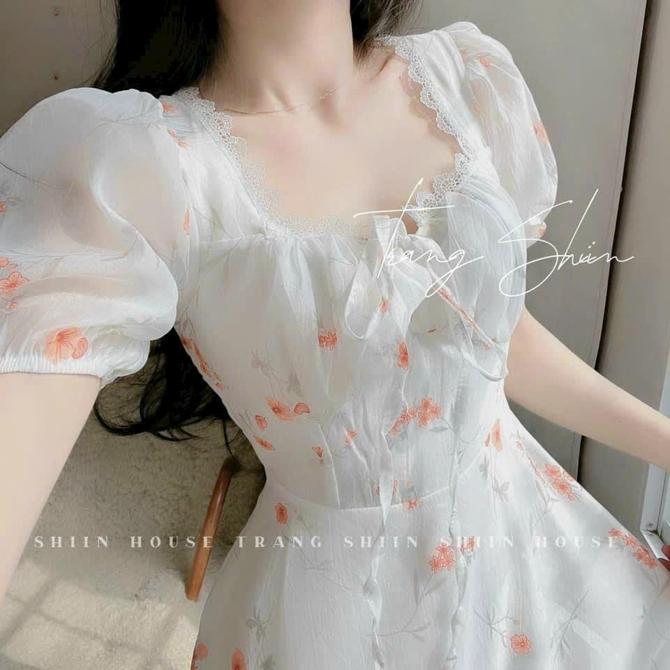 Đầm midi voan hoa phối ren nhún ngực tay phồng siêu xinh