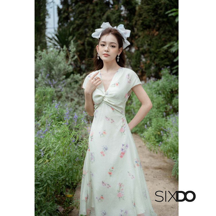 Đầm hoa midi cổ V xoắn ngực thời trang SIXDO