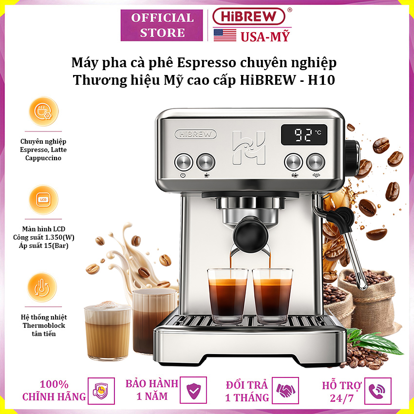 Máy pha cà phê chuyên nghiệp Espresso, Cappuccino, Latte thương hiệu Mỹ cao cấp HiBREW H10 - Công suất 1350W - Hàng nhập khẩu