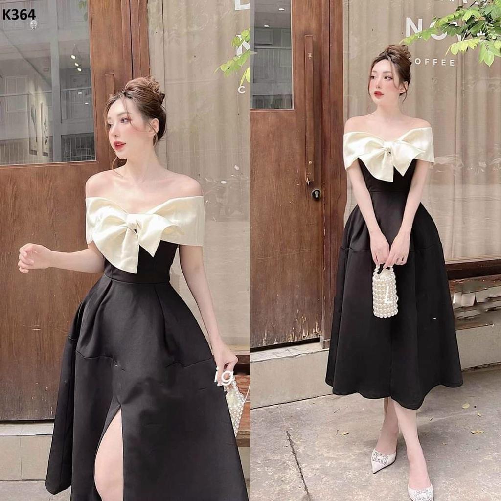 Đầm xoè dự tiệc phối nơ ngực xẻ tà sang chảnh
