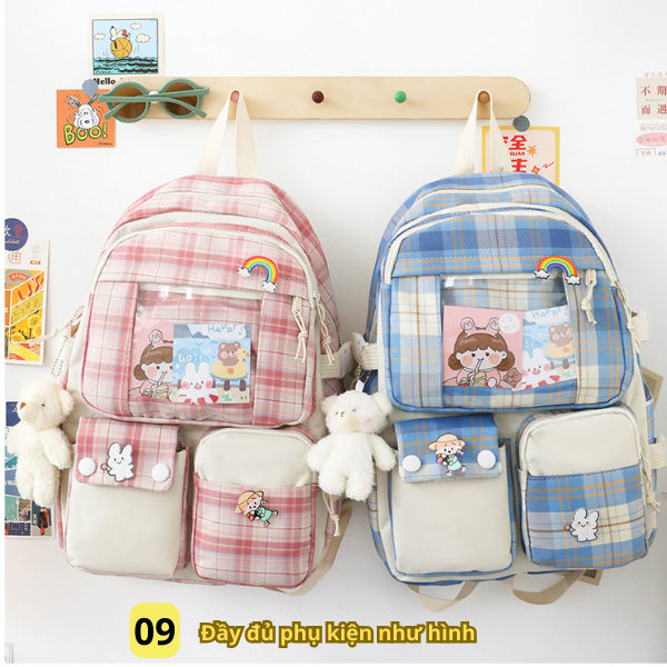 Combo 5 món BH Kids (tặng kèm stick, mica, ảnh và gấu như hình) Balo caro nữ, phiên bản Hàn Quốc, vải Nylon chống nước