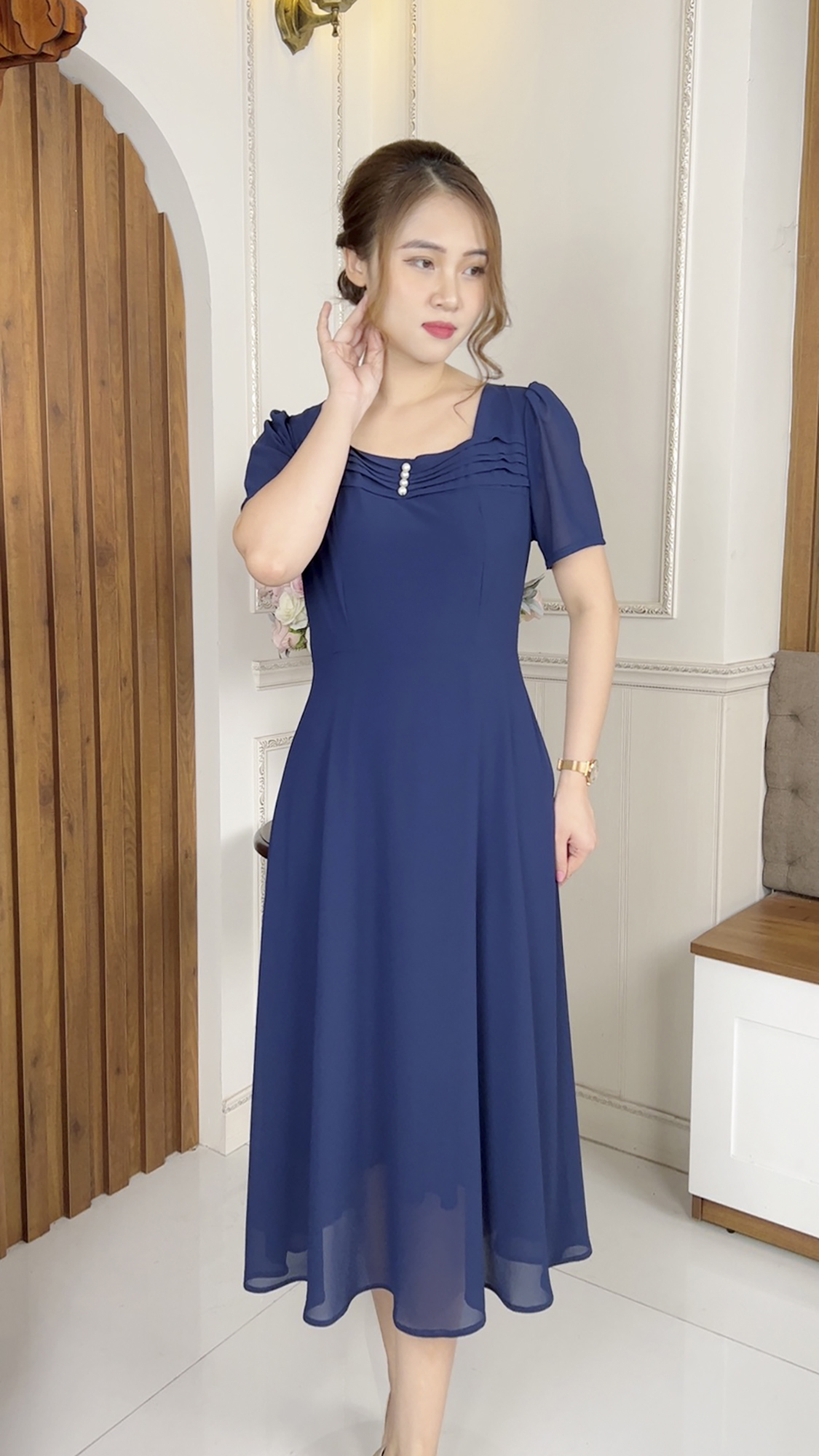 Đầm Quý Bà Sang Trọng [ Linh Trà ] (TM 460) Cao Cấp Vải Voan Chiffon Thoải Mái Quý Phái Dễ Mặc Cho Tuổi Trung Niên