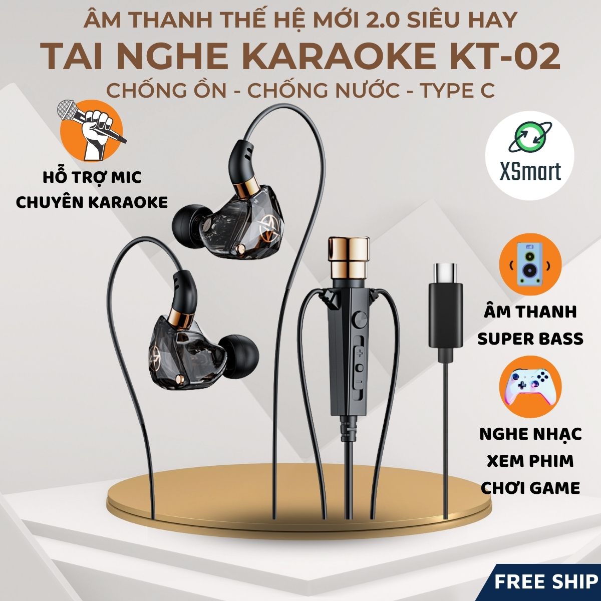 Tai Nghe Có Mic Hát Karaoke KT-02 Kết Nối Type-C, Micro Thu Âm, Nghe Nhạc Cực Đã-Hàng Chính Hãng