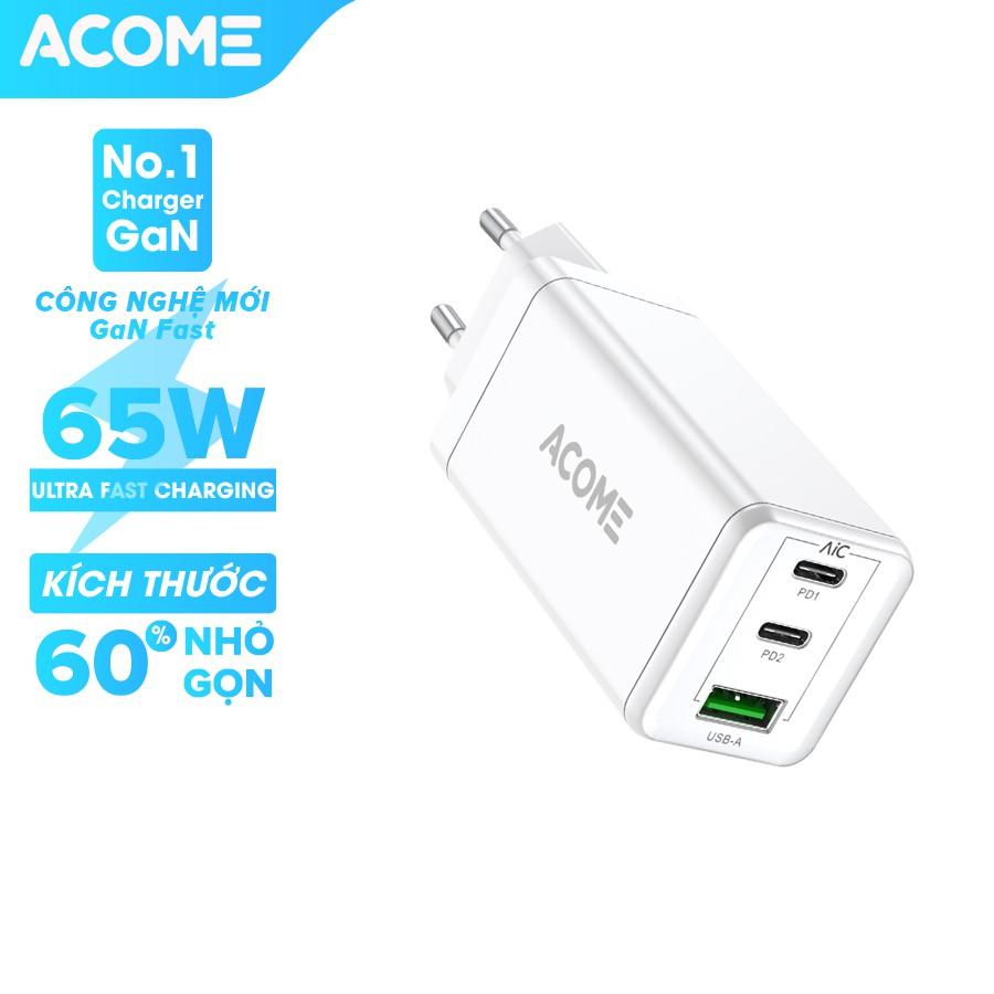 Adapter Cốc Sạc Nhanh 65W ACOME 2 Cổng Sạc PD 1 Cổng USB Công Nghệ Mới GaN Fast - Hàng Chính Hãng