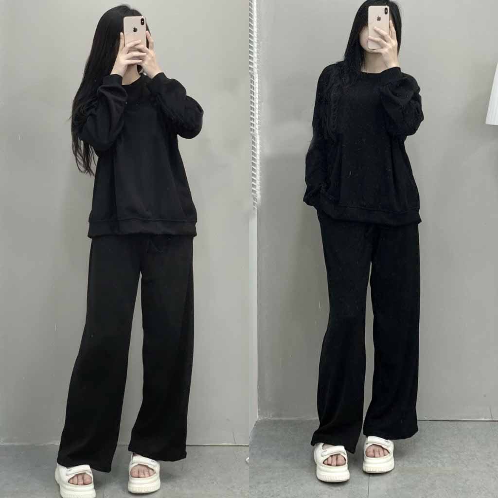 Set áo nỉ tăm chui đầu sweater kèm quần dài ống rộng suông mềm nin mặc thoải mái