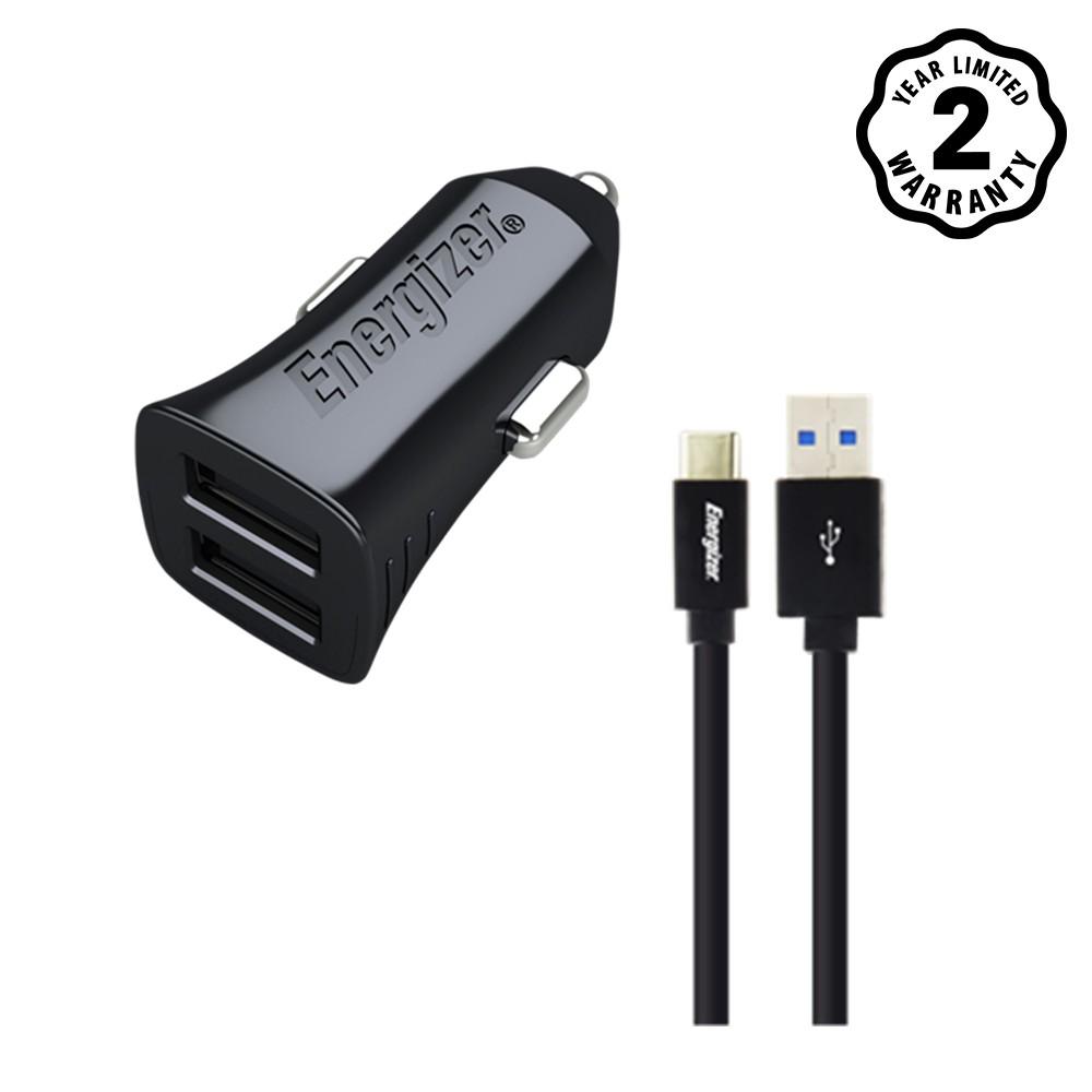 Sạc ô-tô Energizer 2.4A 2USB màu đen kèm cáp USB-C2.0 - DCA2BHC23 - Hàng chính hãng