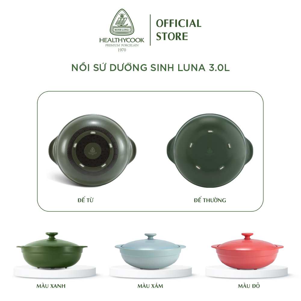 Nồi Sứ Dưỡng Sinh Minh Long Healthy Cook Luna 3.0 L - Dùng Cho Bếp Gas, Bếp Hồng Ngoại