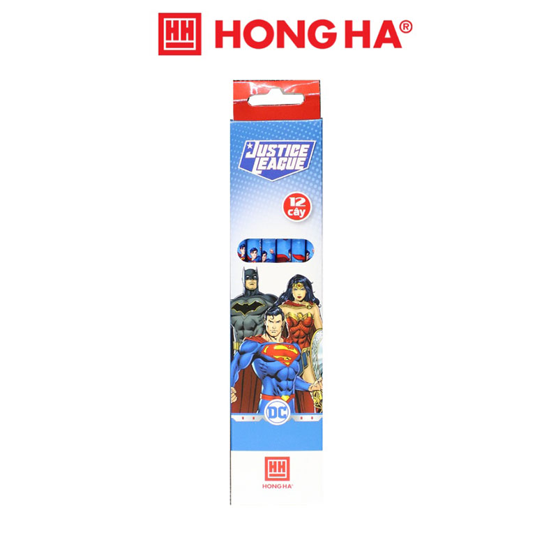 Hộp 12 bút chì 2B Hồng Hà có tẩy thân lục giác Justice League hình siêu nhân 3506