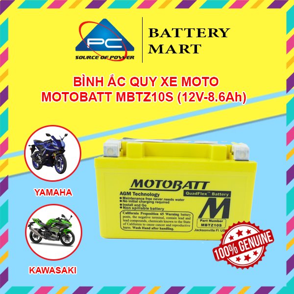 Ắc quy xe moto phân khối lớn MOTOBATT MBTZ10S 12V - 8.6AH, thương hiệu Hoa Kỳ, dùng cho xe HARLEY-DAVIDSON