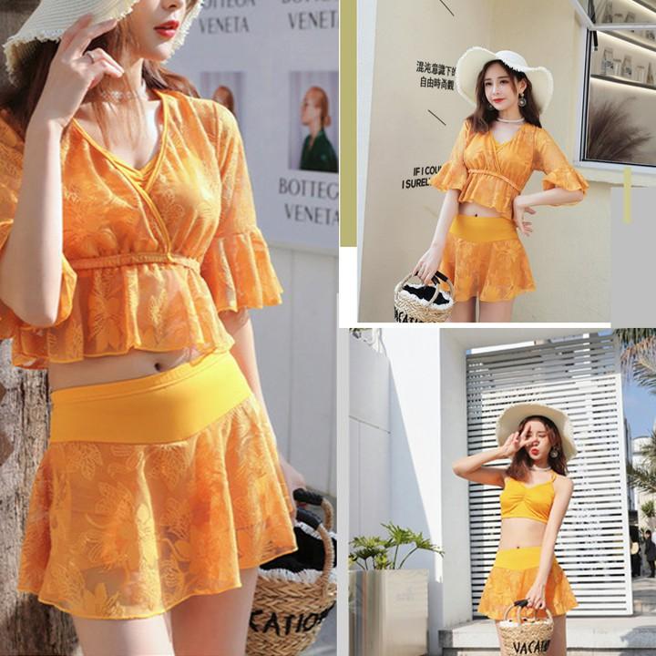 Bộ đồ bơi 3 mảnh bikini đẹp có đệm ngực gợi cảm với màu vàng cam nổi bậc