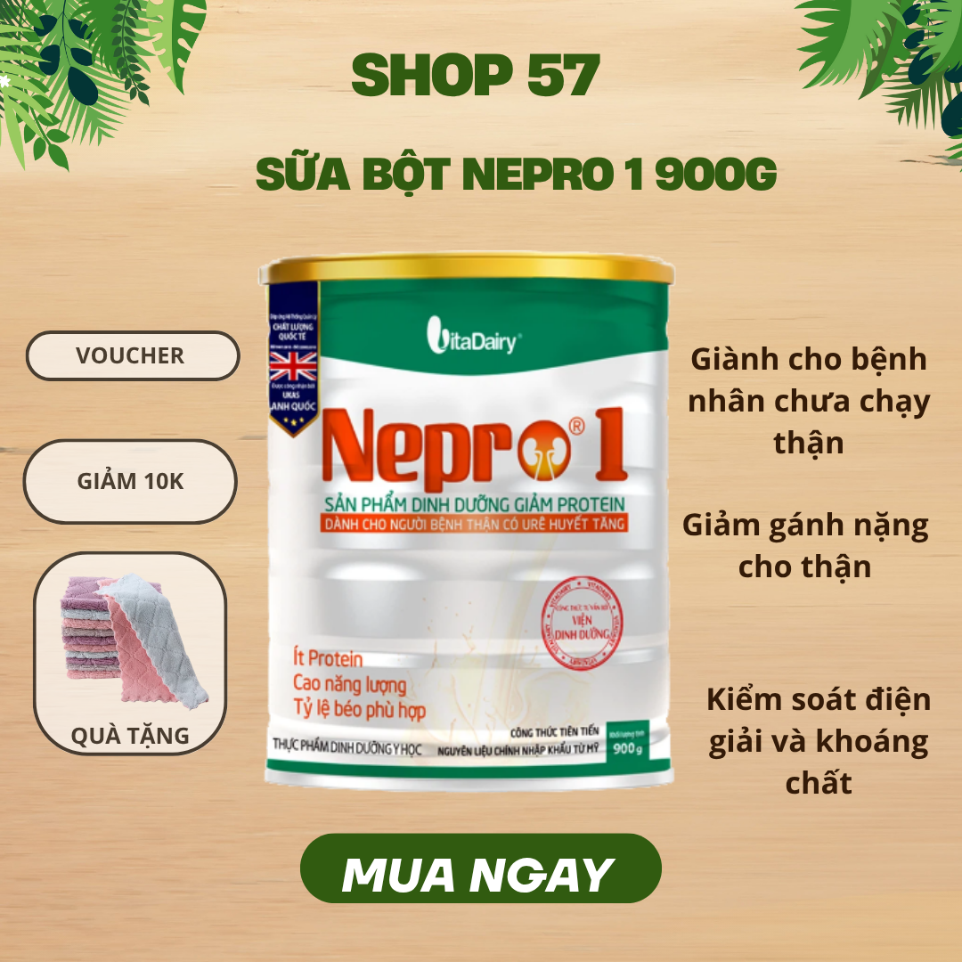 Sữa bột Nepro 1 VitaDairy 900g bổ sung dinh dưỡng giảm protein dành cho người bệnh thận