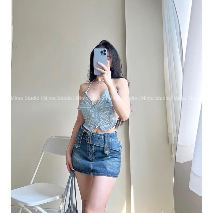 ÁO YẾM JEAN BƯỚM HỞ LƯNG- QUẦN ỐNG RỘNG TÚI HỘP KÈM ĐAI