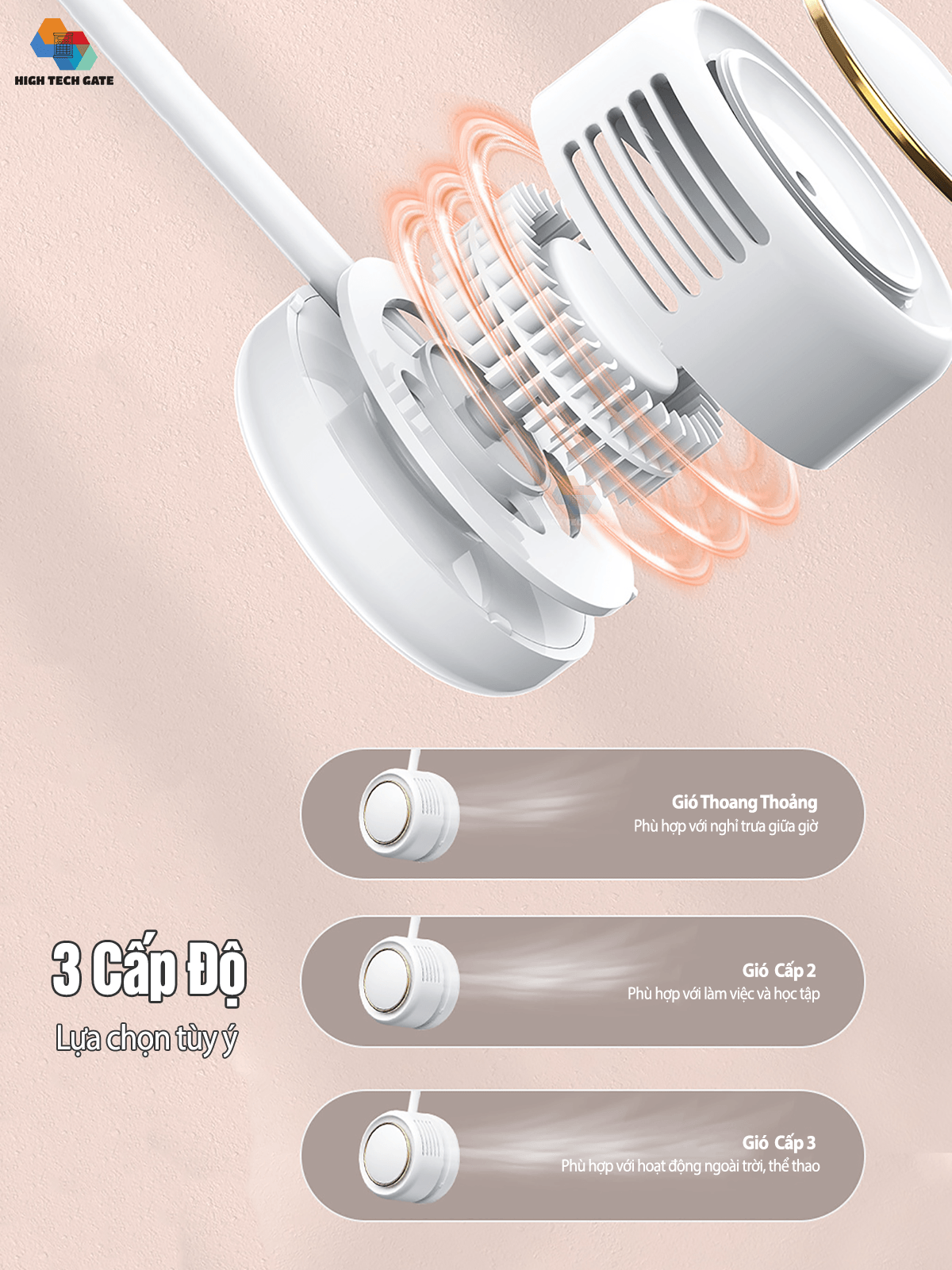 Quạt đeo cổ gấp gọn DQ-210 mini bỏ túi, không dây cầm tay di động,thiết kế không vướng tóc, 3 cấp độ gió không cánh, hàng chính hãng