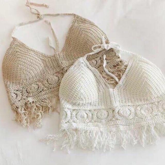 08-Set ren đi biển áo bra móc tua rua quần ren