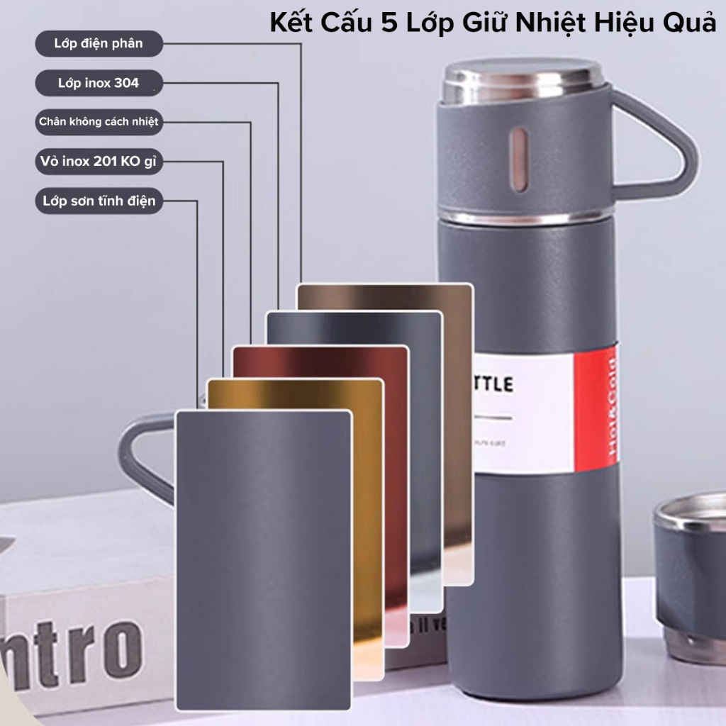 Màu Đen - bình giữ nhiệt 500ml tặng 2 cốc - Kiểu cách đóng gói hộp quà - có nút nhấn uống trực tiếp - Hàng chính hãng