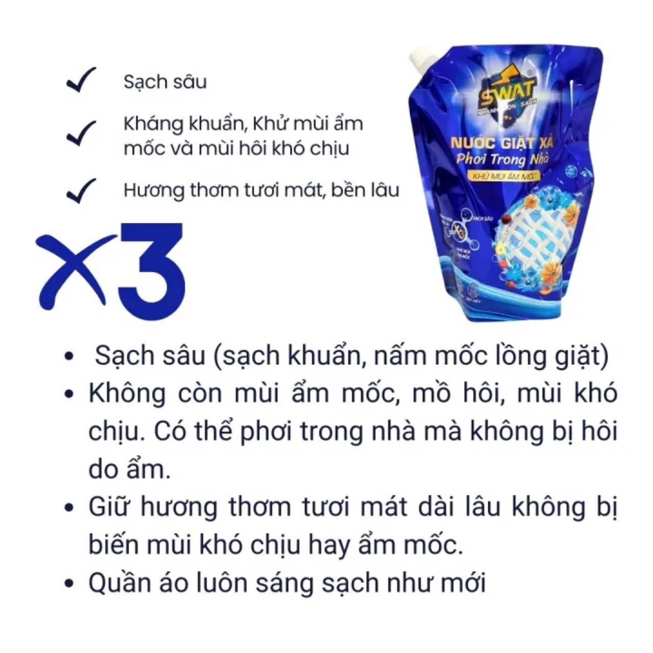 Nước Giặt Xả Swat Phơi Trong Nhà Túi 3.5Kg Siêu Kháng Khuẩn Chống Mùi Hôi