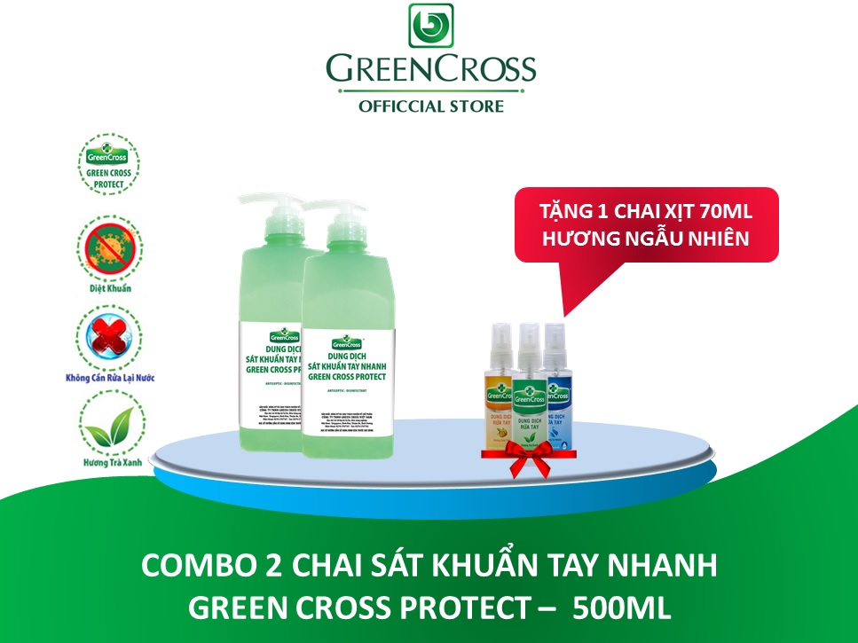 COMBO 2 CHAI 500ML SÁT KHUẨN TAY NHANH GREEN CROSS PROTECT - Tặng thêm 1 chai xịt Green Cross 70ml