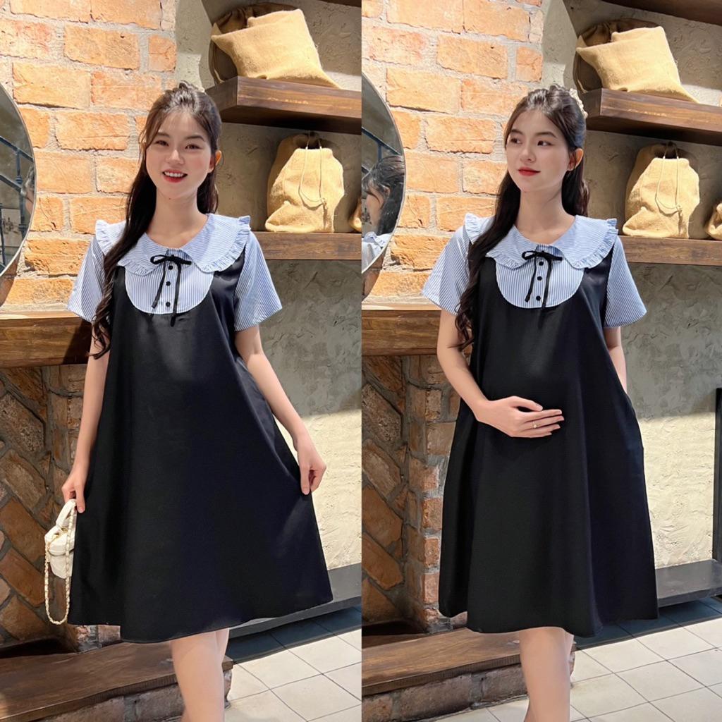 Đầm bầu giả yếm cổ sen bèo form suông công sở cotton lạnh mặc mát mẻ, trẻ trung Váy Bầu Voi - Xanh đậu