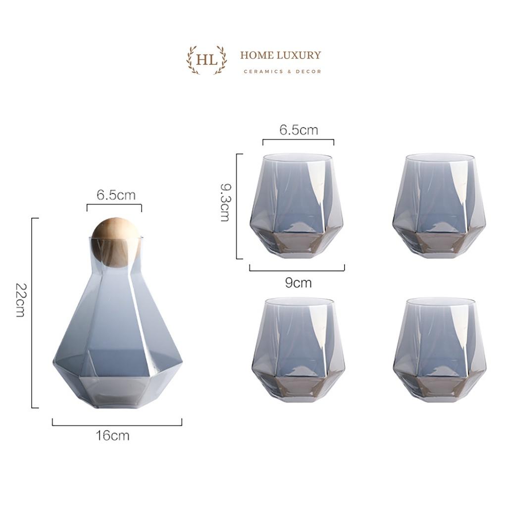 BÌNH CỐC THỦY TINH DECOR NÚM GỖ | BỘ BÌNH CỐC THỦY TINH LỤC GIÁC PHONG CÁCH SCANDINAVIA NÚM GỖ