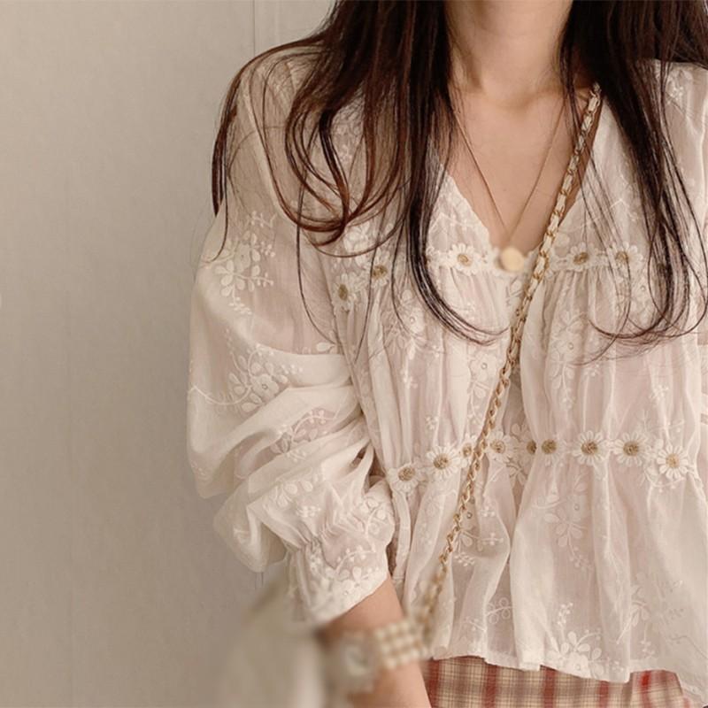 Áo Sơ Mi Cổ Chữ V In Hoa Xinh Xắn Phong Cách Hàn Quốc