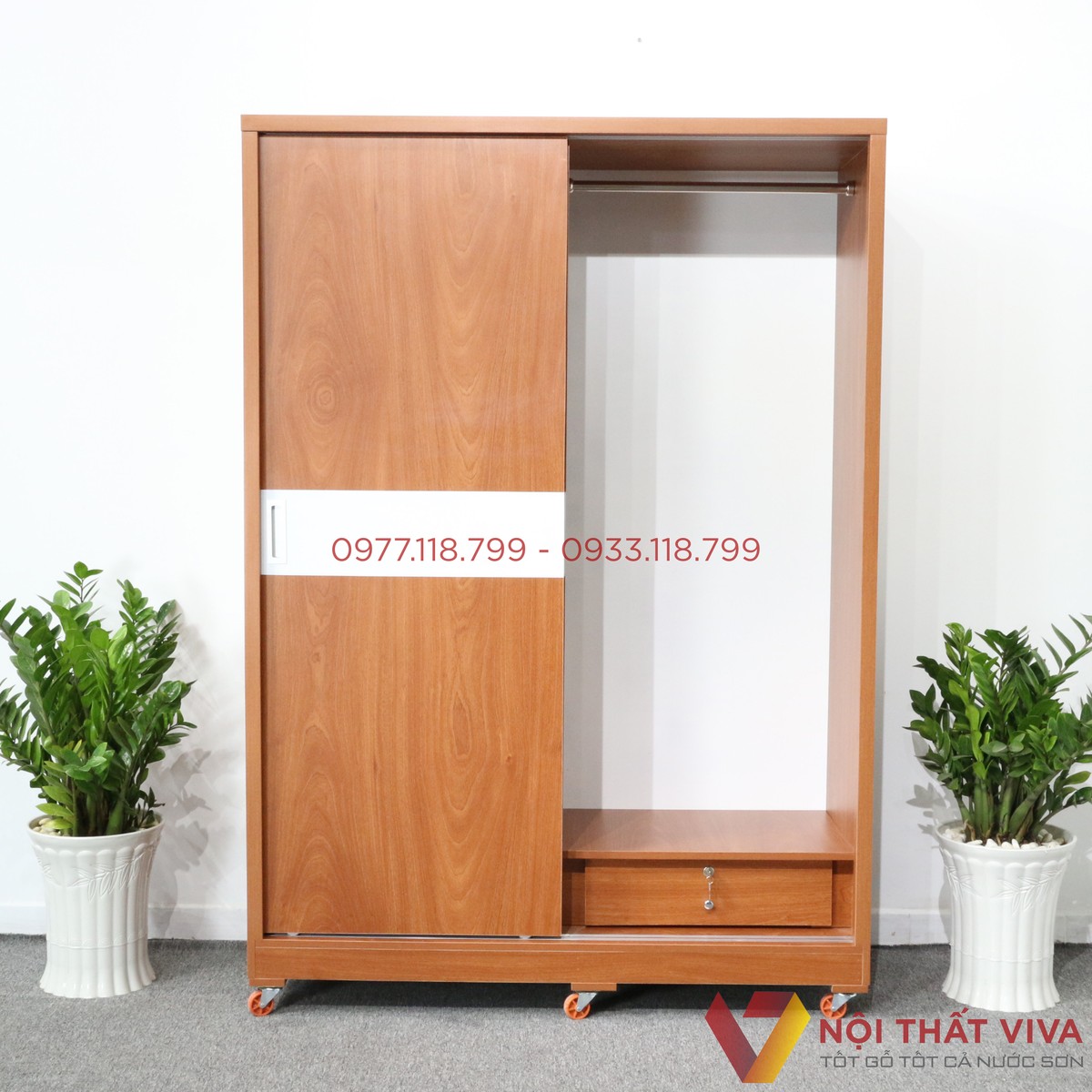 Tủ Quần Áo Cửa Lùa 1m4X2m Gỗ MDF Màu Xoan Đào Chỉ Trắng Hiện Đại