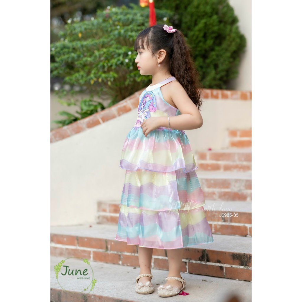Đầm babydoll cho bé gái màu loang cầu vồng pony unicorn phong cách Hàn Quốc từ 10-35kg chất voan mềm mát