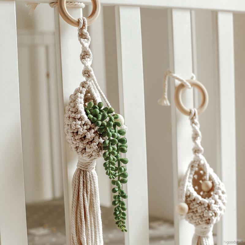 Chậu cây bằng dây cotton thắt thủ công dùng trang trí tường nhà