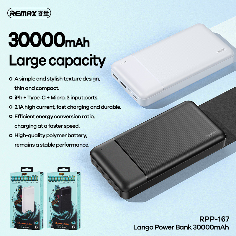 Pin sạc dự phòng Remax RPP-167 30000mAh Lango, 3 cổng input, 2 cổng output