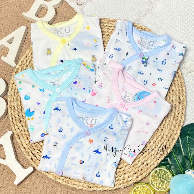 (J10TN) Áo Cài Xéo Họa Tiết Ngắn Tay Chất Cotton Cho Bé Sơ Sinh 3-9kg - Hãng JOU - HỒNG ((HỌA TIẾT )
