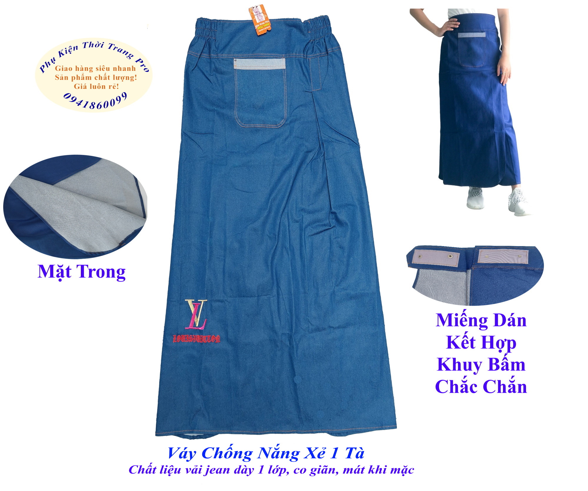 Váy chống nắng xẻ 1 tà, Dày 1 lớp, Chất liệu vải Jean cao cấp, Thêu hình bất kỳ, mềm, Mát, Chống tia UV, Bảo vệ đôi chân