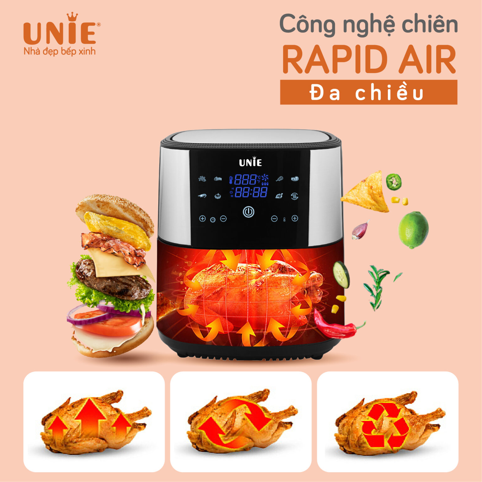 Nồi Chiên Không Dầu Unie UE-800 Tiêu Chuẩn Đức Công Suất 1800W Dung Tích 8L- Hàng Chính Hãng