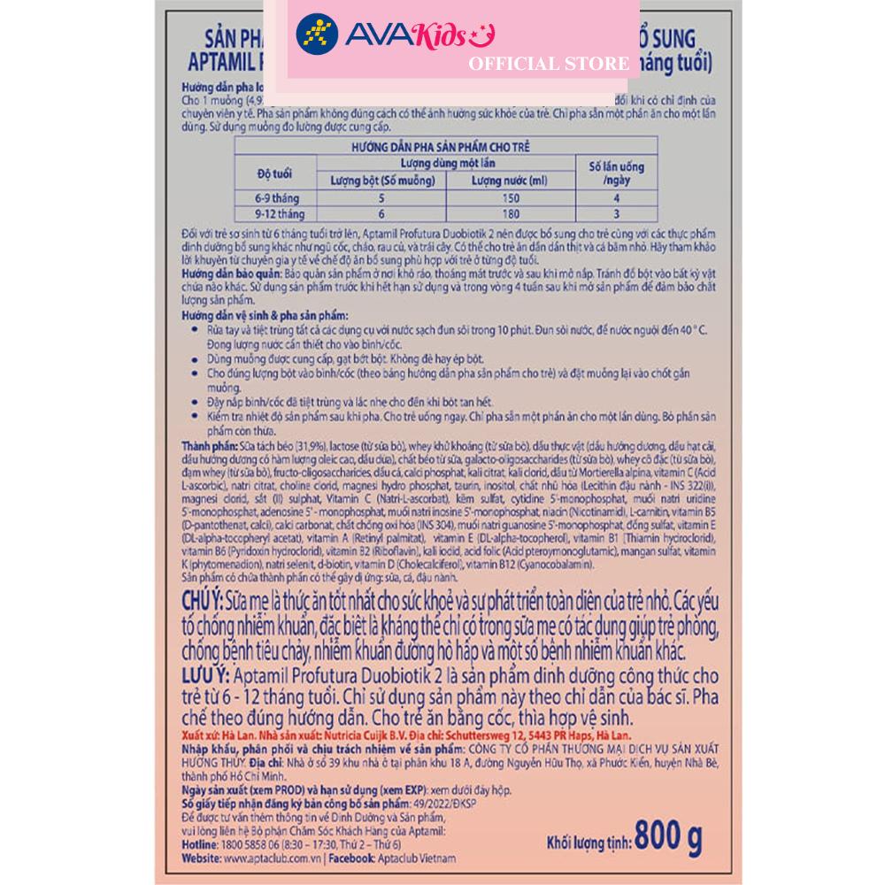 Sữa bột Aptamil Profutura Duobiotik số 2 800g (6 - 12 tháng) - Hàng Chính Hãng