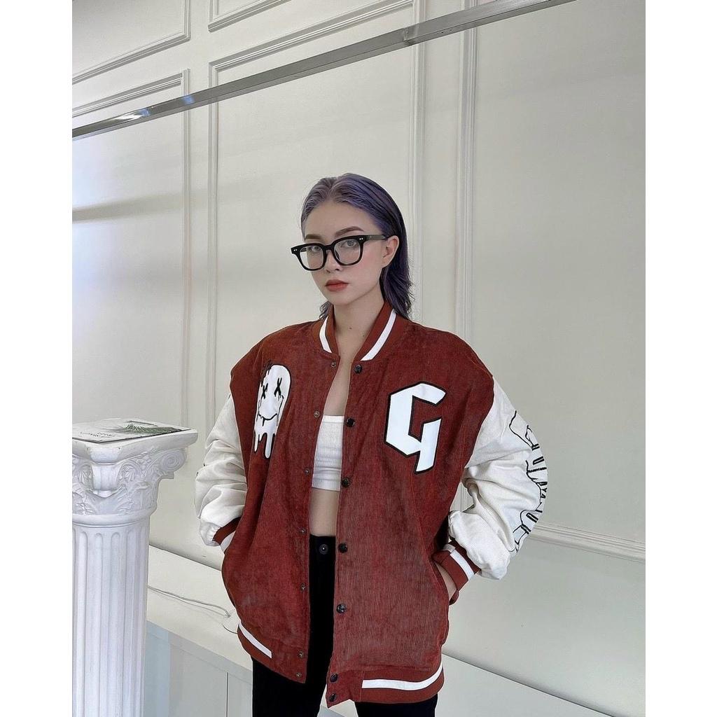 Áo Khoác Nhung Gân Tăm Bomber Jackets Thêu Logo G.O.N.Z Cúc Bấm Unisex Nam Nữ Form Rộng Ulzzang, Áo Khoác Nhung Tăm Thêu Chữ G, Áo BomBer Bóng Chày Nam Nữ Phong Cách Hàn Quốc