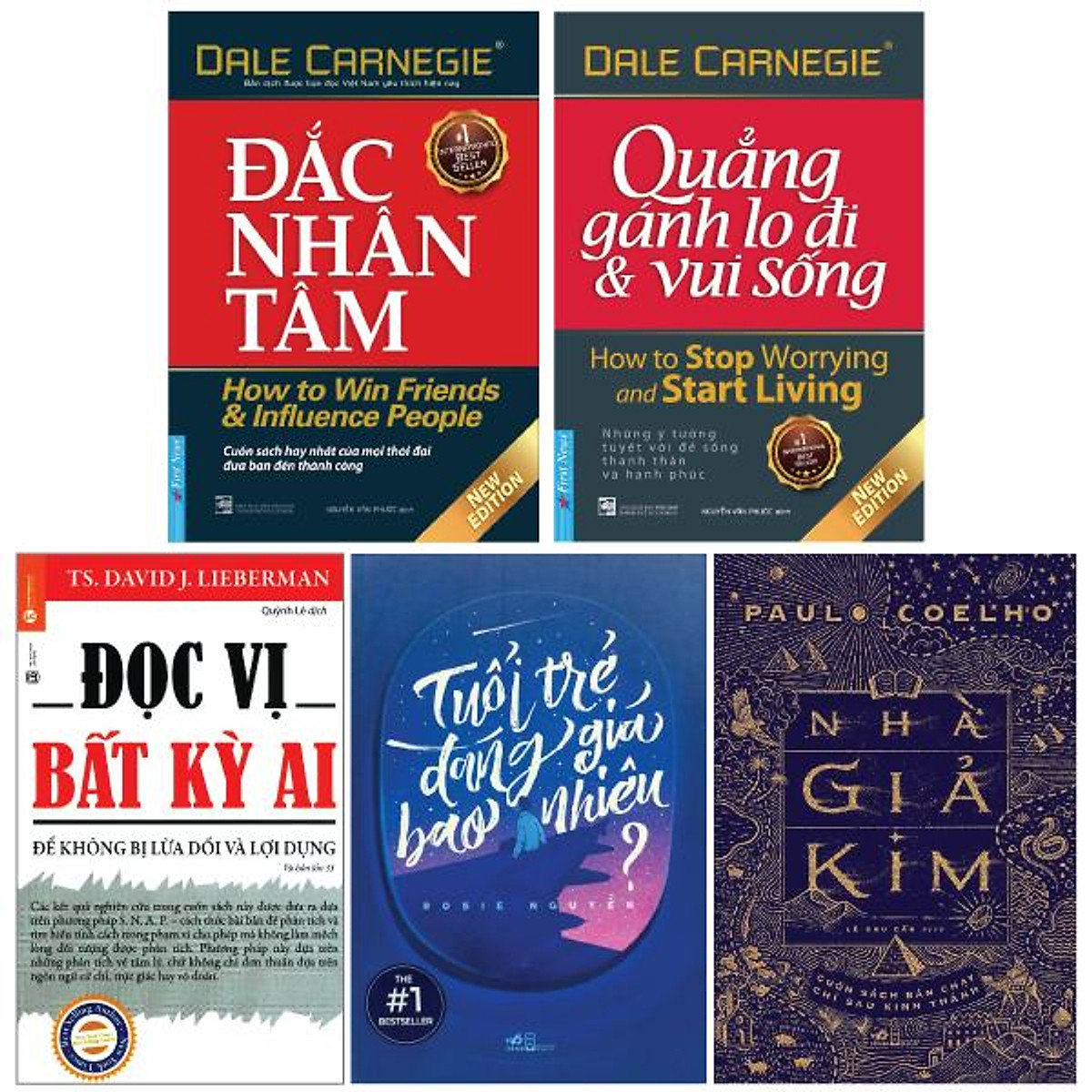 Sách - Combo: Đắc nhân tâm + Quẳng gánh lo đi và vui sống + Đọc vị bất kỳ ai + Nhà giả kim + Tuổi trẻ đáng giá bao nhiêu