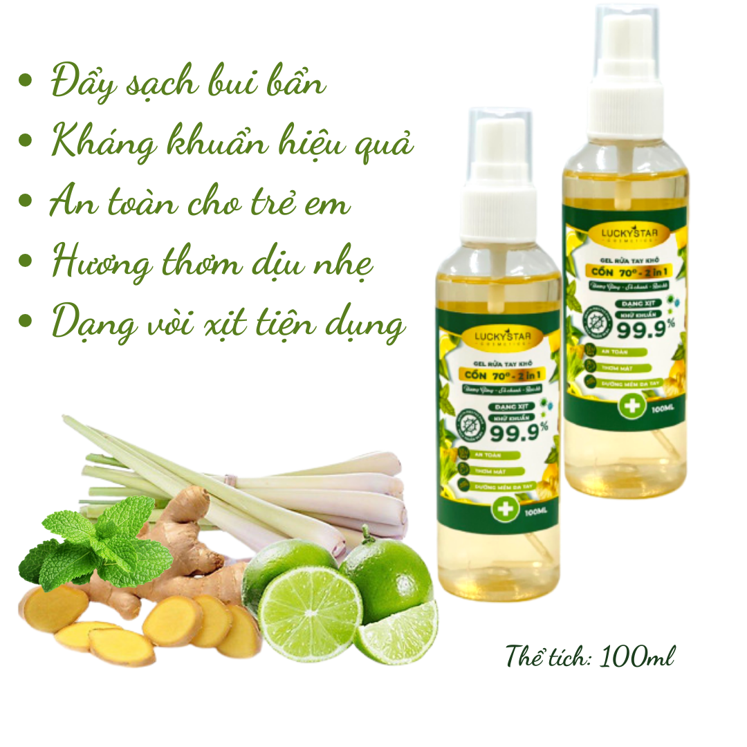 Gel Rửa Tay Khô Dạng Xịt Lucky Star 3In1 Gừng Sả Chanh Bạc Hà - Chai 100ml [COMBO 2 &amp; 5]