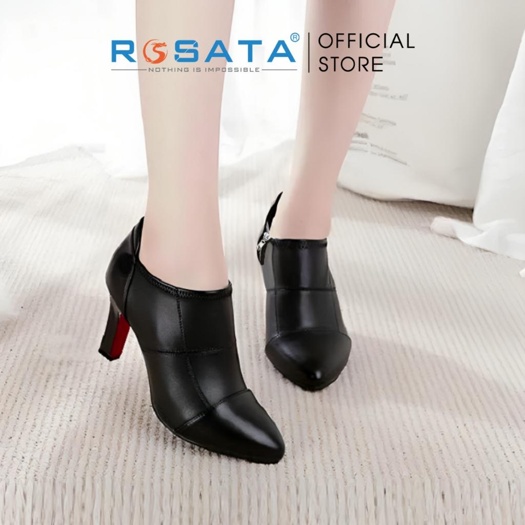 Giày bốt nữ ROSATA RO27 cổ thấp mũi nhọn êm chân khóa kéo gót cao 7cm màu đen xuất xứ Việt Nam - Đen