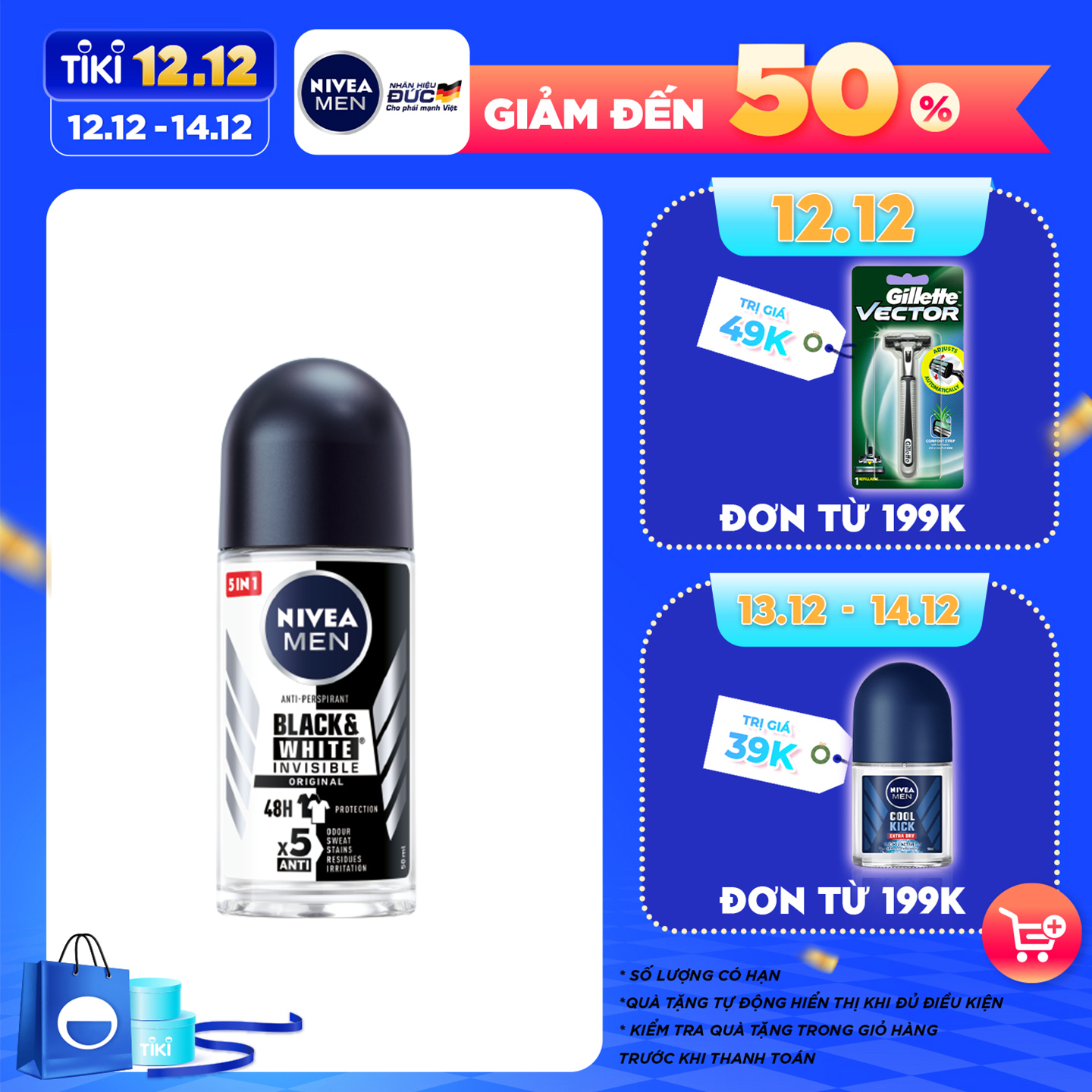 Lăn Ngăn Mùi NIVEA MEN Black&amp;White Ngăn Vệt Ố Vàng Vượt Trội - Hương Nhẹ Nhàng (50 ml) - 82245