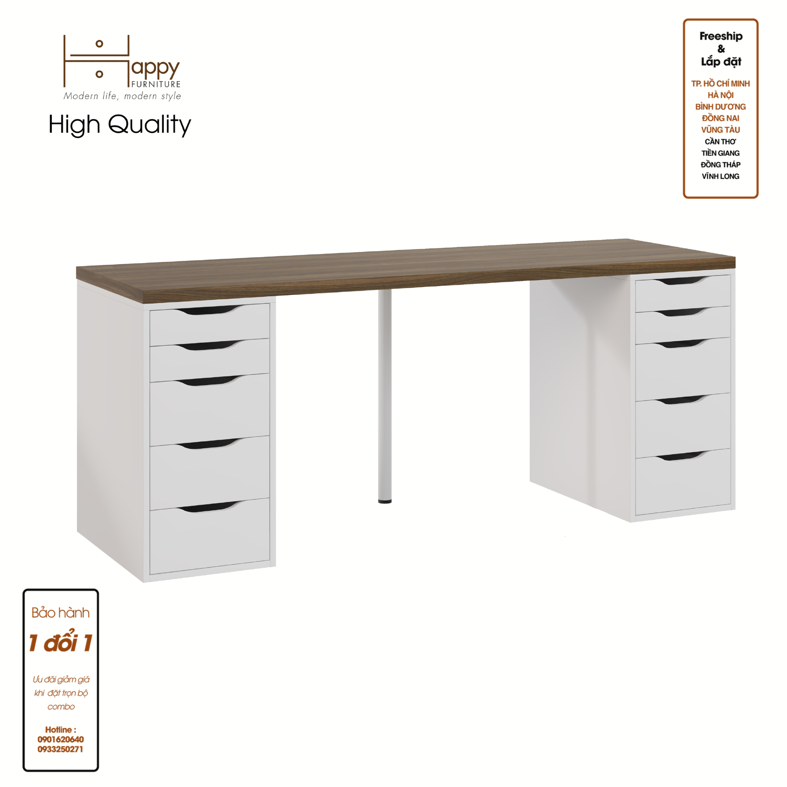 LIDA, Bàn làm việc 2 bên ngăn tủ - 2m x 60cm , 200cm x 60cm x 73cm , BAN_025