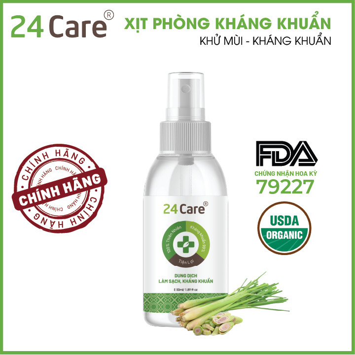 Xịt kháng khuẩn Sả Chanh 24Care - Dung tích 50ml/100ml/250ml - Diệt khuẩn 99,9%, làm sạch, đuổi muỗi, côn trùng